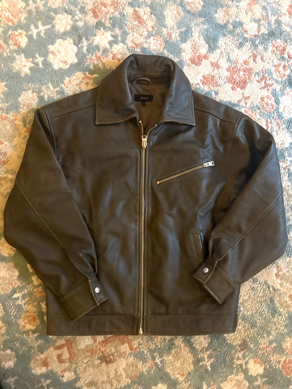 Quince Distressed Brown Oversized Leather Bomber Jacket